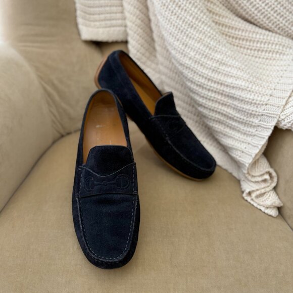 Auth GUCCI Men's Iconic Horsebit Navy Suede Leather Driving Loafers - Picture 1 of 7